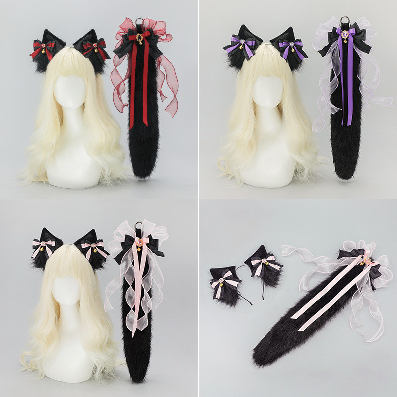 Halloween Wolf Ear Headband Plush Tail Dark Fox Tail Cos Handmade Animal Ears Wolf Ear Tail Set Wfw6