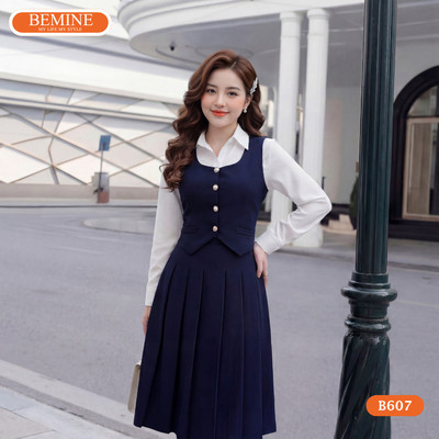 Đầm thiết kế BEMINE cổ sơ mi phối giả yếm tay lửng dáng chữ A phù hợp đi làm-B607