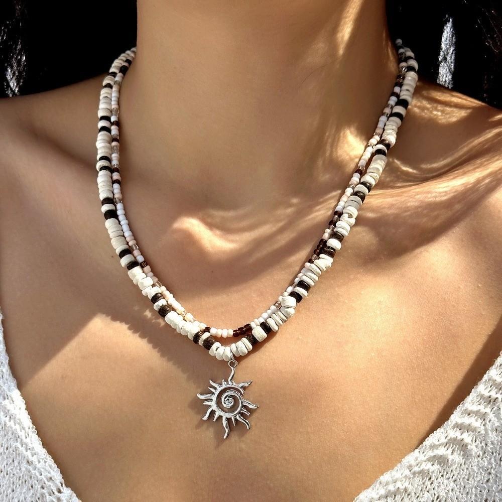 DYROWAY Bộ 2 Necklace Hạt Gỗ Dừa Style Boho và Mặt Trời Classic,_handmade điều chỉnh chiều dài cho n