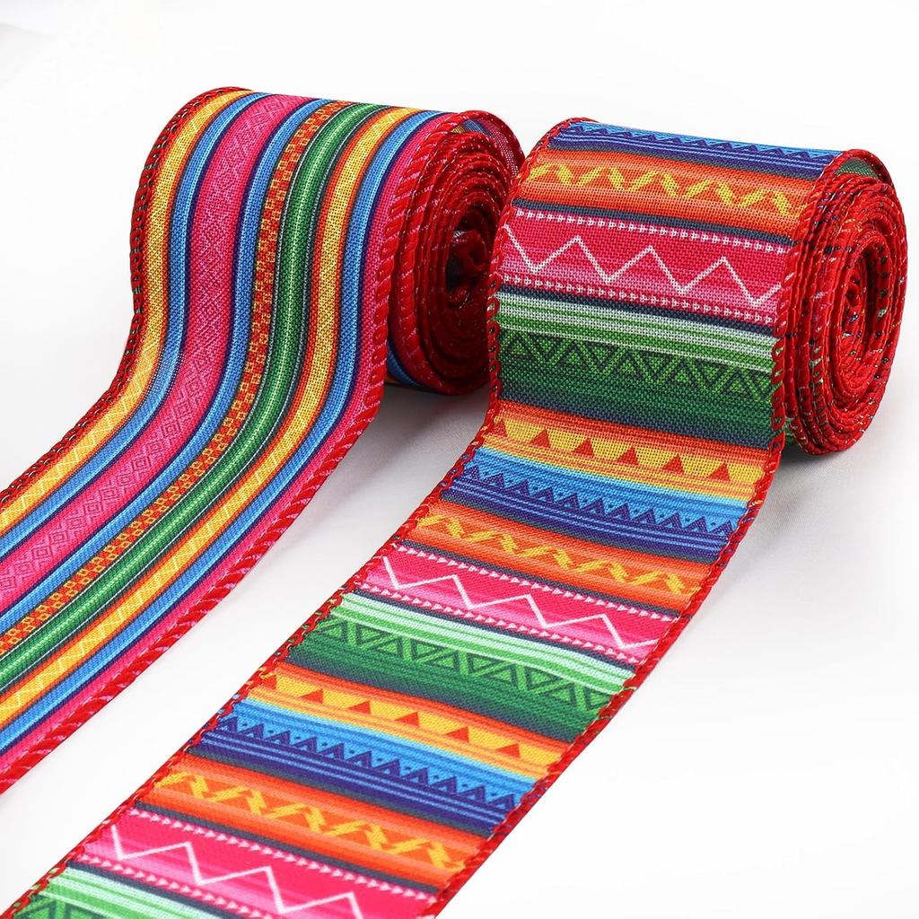 2 Cuộn Mexico Fiesta Ruy Băng Cho Vòng Hoa Nơ, 2.5 "× 10 Yard Ruy Băng Cạnh Có Dây Cinco de Mayo Cra