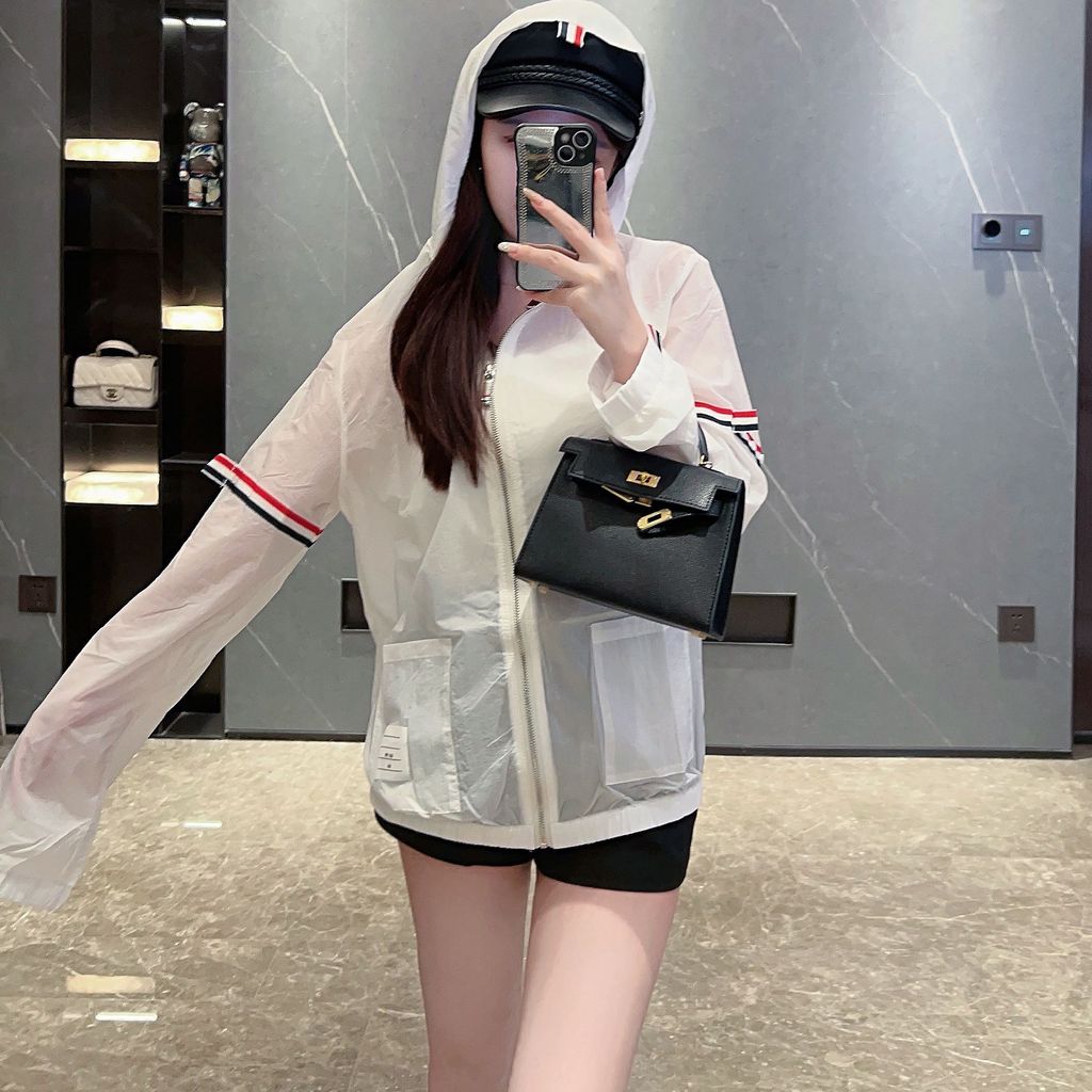 ZY09 Thom Browne Double Bar Hooded Sun Protection Jacket for Women, Summer New Outdoor UV Protection