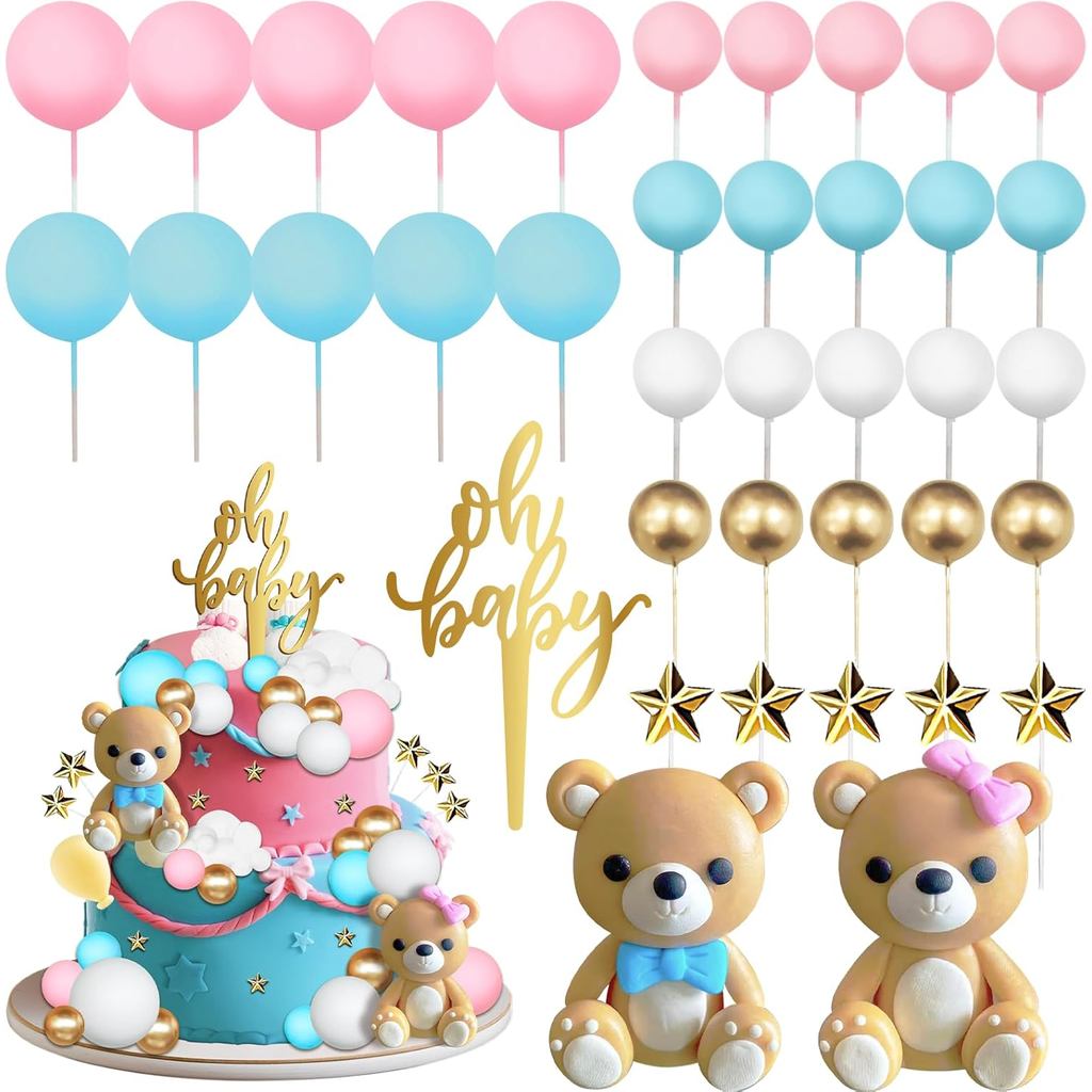 Bộ đồ trang trí bánh gấu 38 miếng- Oh Baby Cake Topper, Stars, Pearl Balls Trang trí bánh cho bữa ti