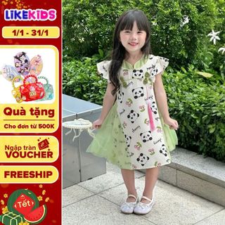  Đầm váy xinh xắn thoáng mát SƯỜN XÁM cho bé gái hoạ tiết PANDA E1 - LikeKids 