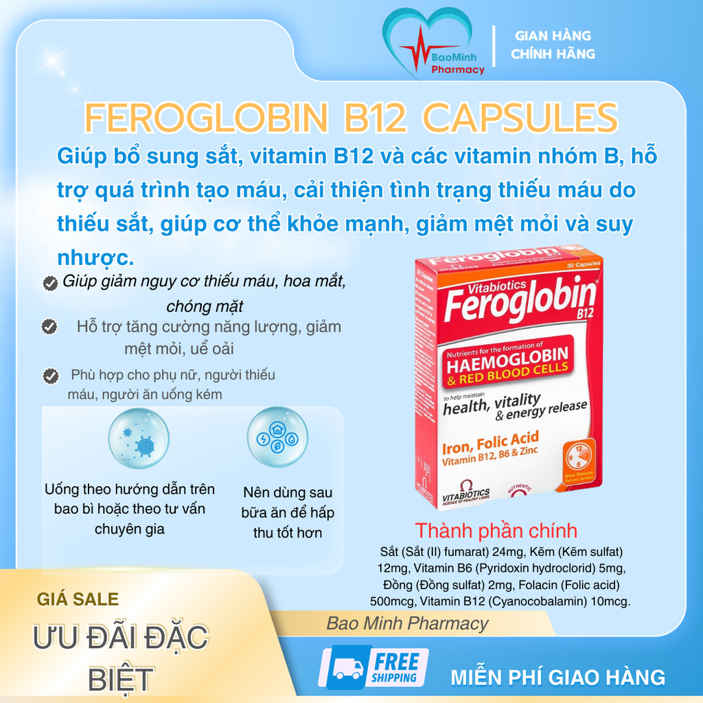 Feroglobin B12 Capsules – Hỗ Trợ Tạo Máu, Bổ Sung Sắt & Vitamin B12, Giảm Thiếu Máu