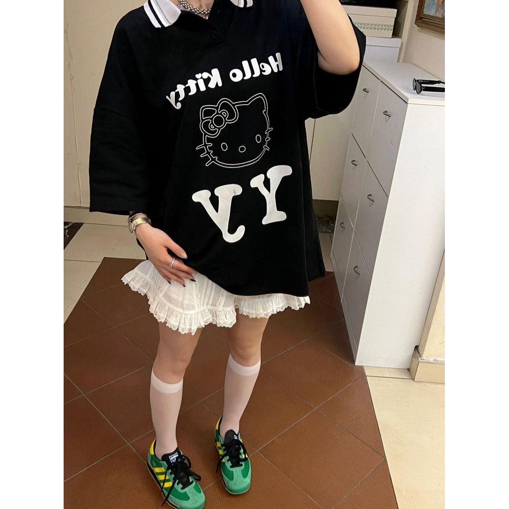 OPEN YY Joint Name Holle Kitty Hello Kitty Print POLO Short-sleeve Loose Casual Shirt Same Style as 