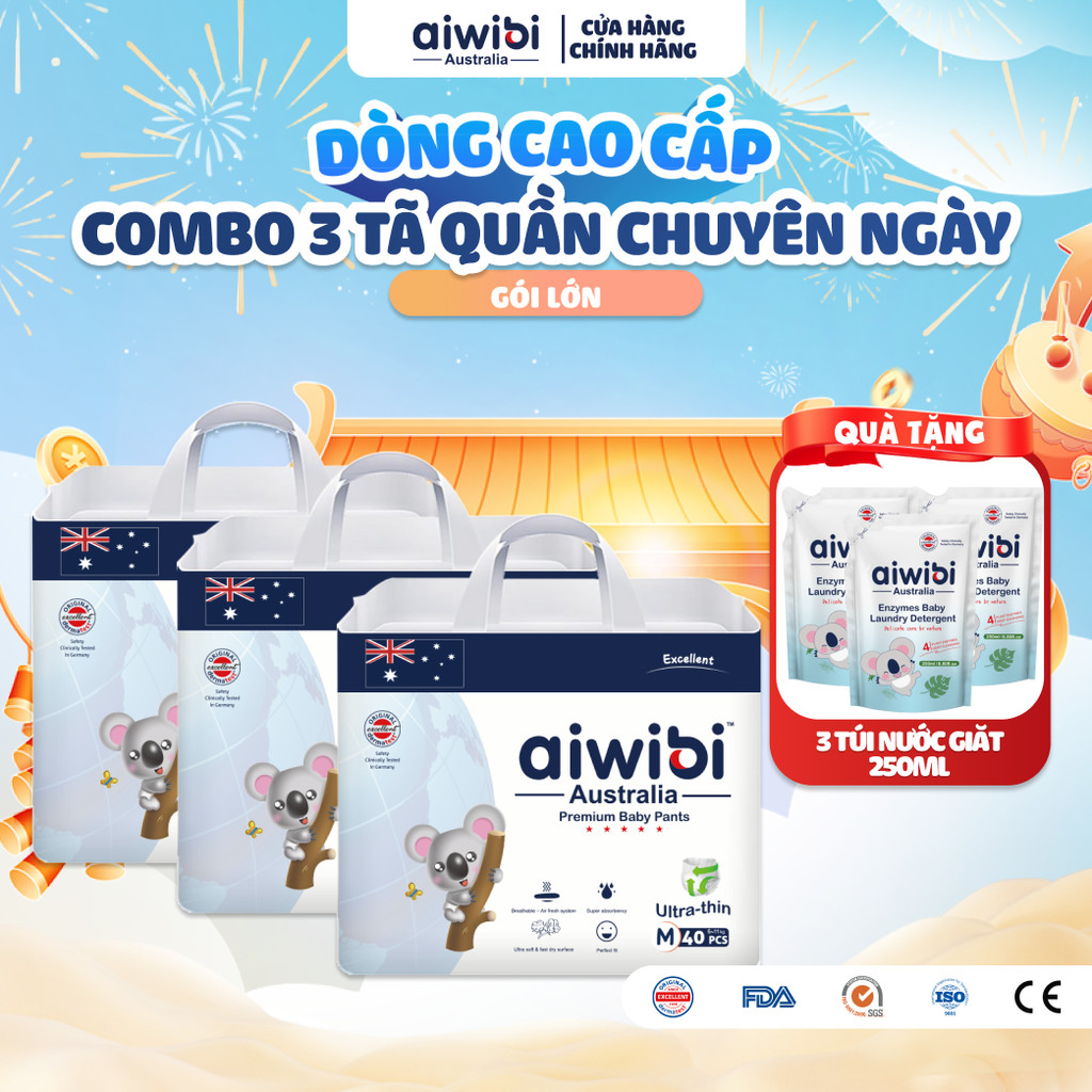 [Combo 3] Tã/Bỉm Quần Cao Cấp Aiwibi Light Feather Cho Bé Siêu Thấm Hút, Chống Tràn - Gói Lớn M/L/XL/XXL/XXXL/XXXXL