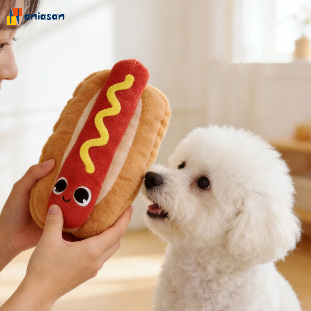 (aniasan) Hot Dog Bun Shape Dog Toy Crinkle Paper Dog Toy Squeaky Plush Hot Dog Bun Dog Toy with Cri