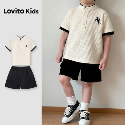 Lovito Kids Set quần short bé trai trắng đen xuân hè jacquard nút phong cách thường ngày L180LD241