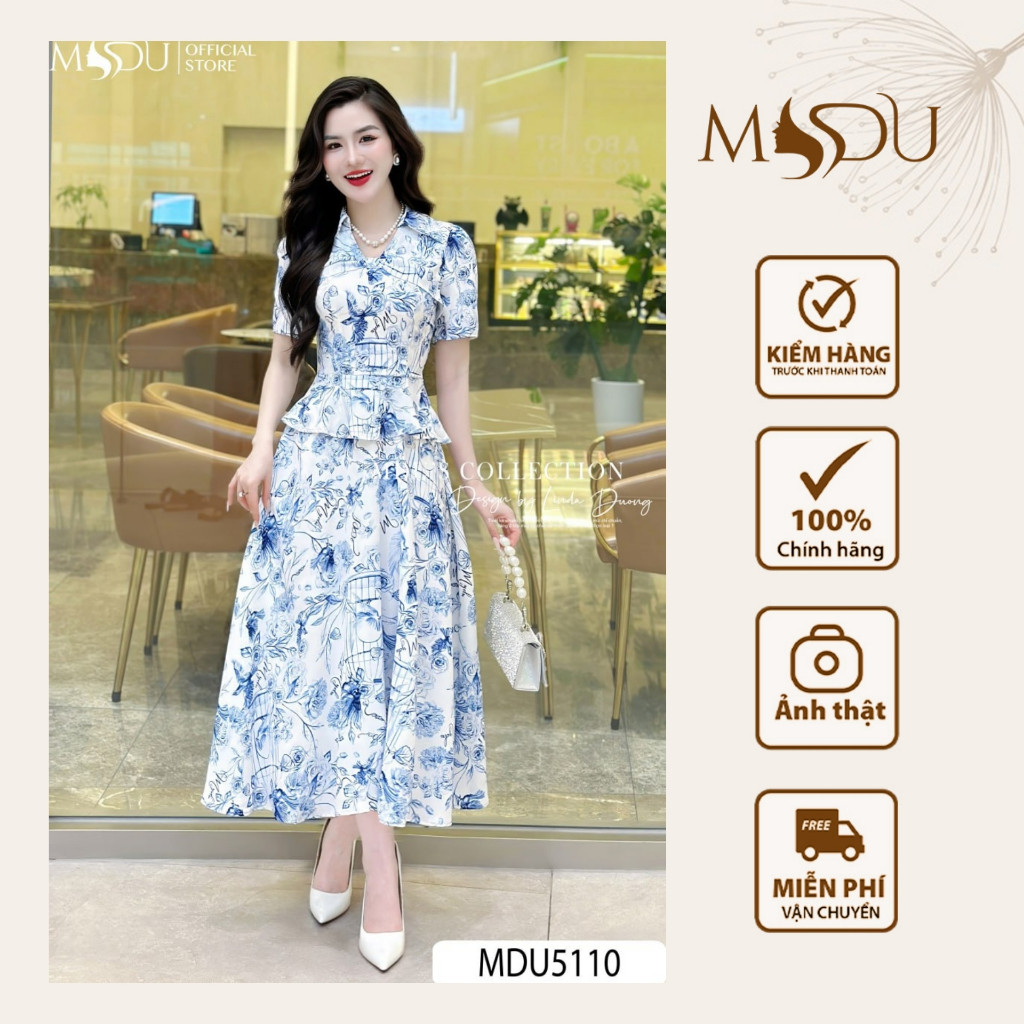 Váy Liền Thân MDU5110 Chất Lụa Mango Cao Cấp Phối Cổ V Và Tay Lửng Cùng Peplum Tôn Eo Từ MDU