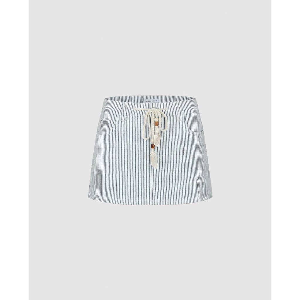 URBAN REVIVO - Quần short giả váy denim nữ kẻ sọc phối dây rút UYL860090-LN5