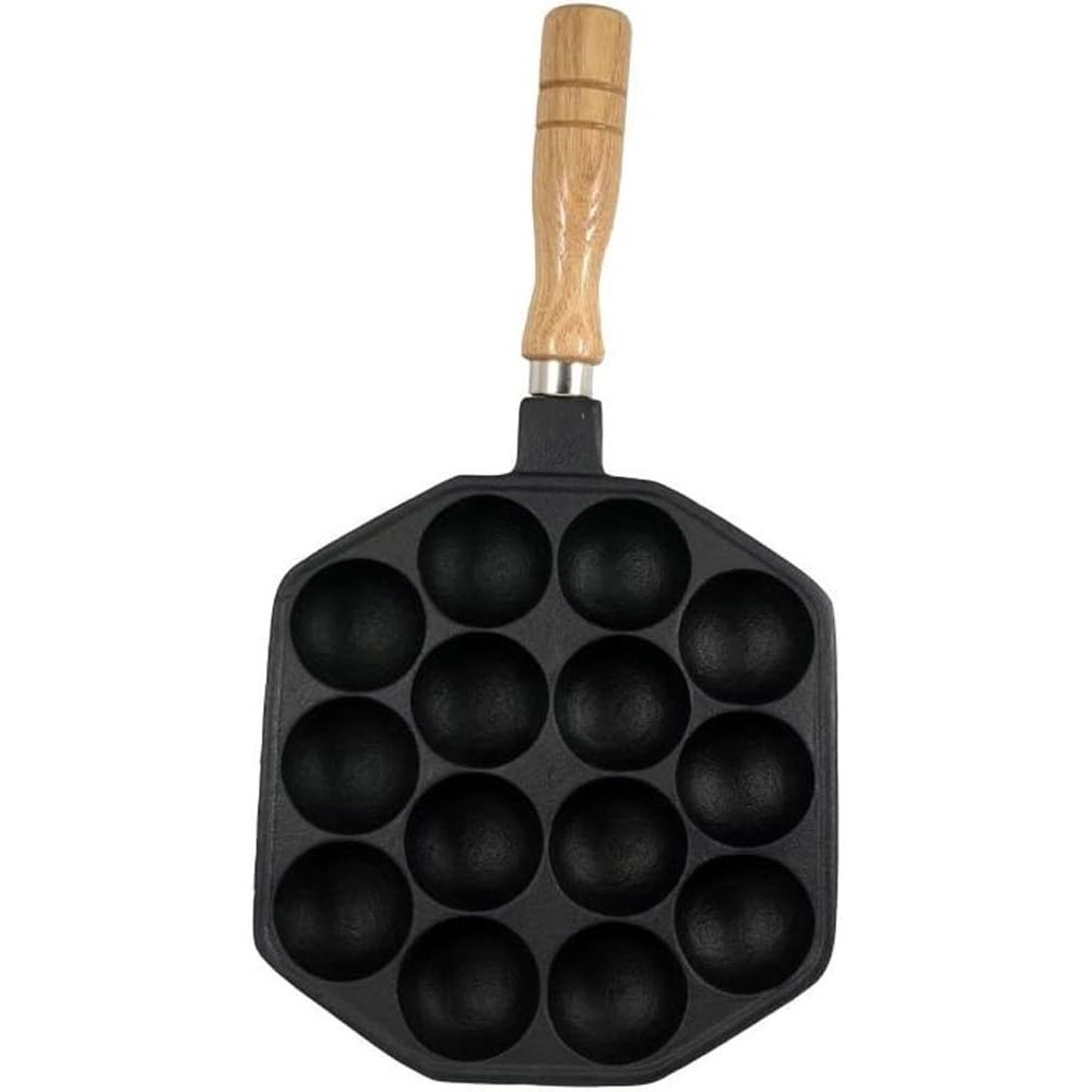 Ikenaga Iron Works 14-Hole Takoyaki Plate with Wooden Handle - IH & Gas Compatible, Gourmet Snack Pl