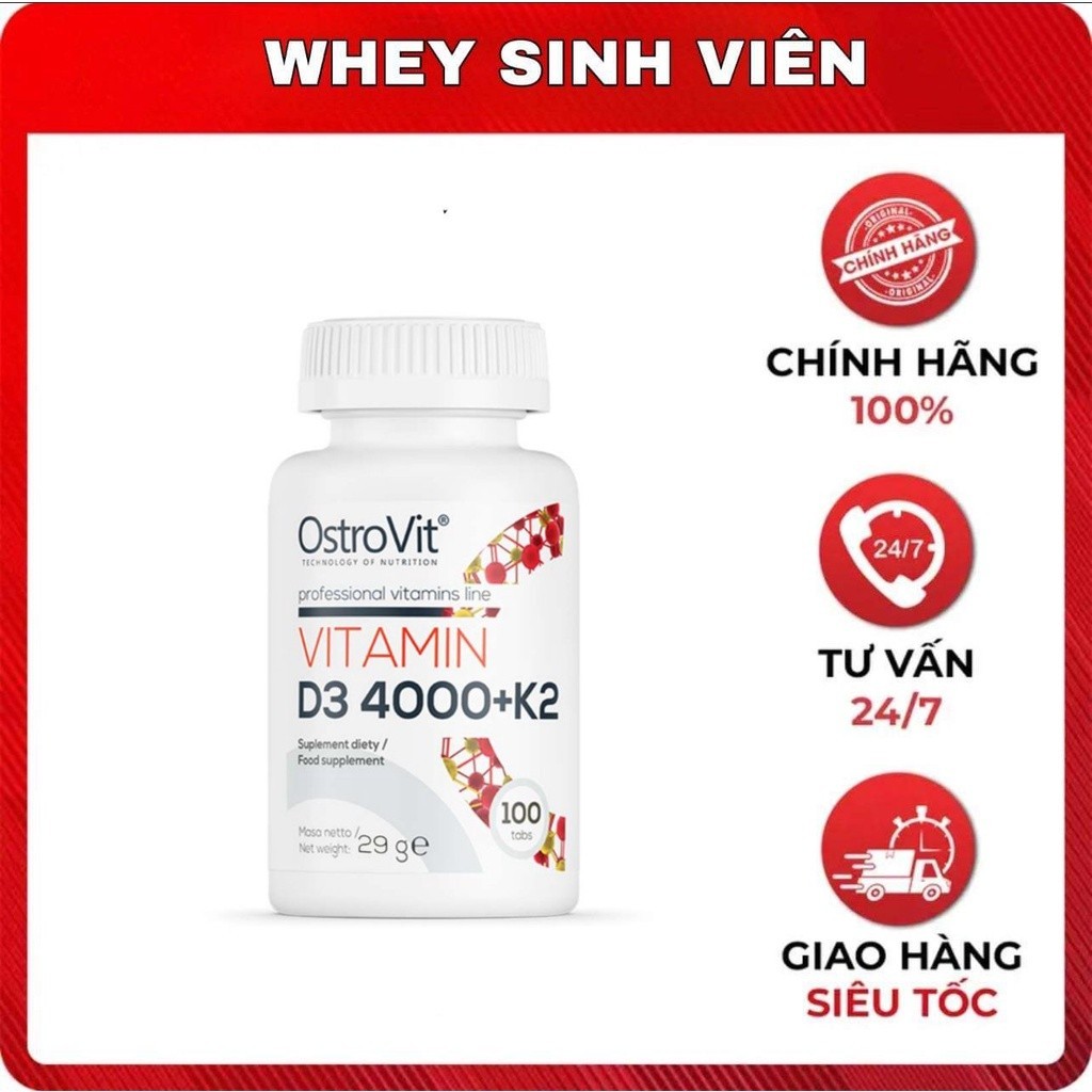 OstroVit Vitamin D3 4000IU + K2 – Viên bổ sung hỗ trợ xương khớp (100 viên) -  WheySinhVien MB