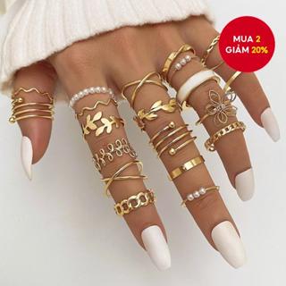  Bộ 22 Món Thời Trang Giả Ngọc Trai Lá Hoa Thiết Kế Hình Học Bộ Nhẫn Nữ 