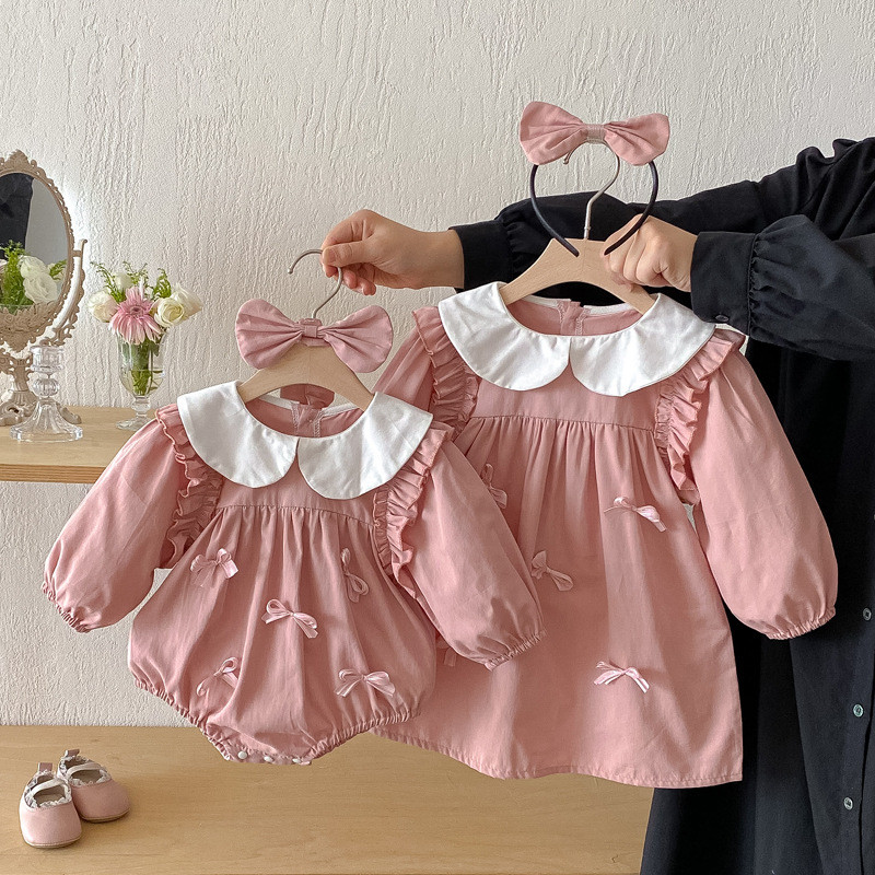 Autumn New Baby Clothes Baby Girl Bow Onesie Girl Long Sleeve Princess Dress Sisters Outfit cekN