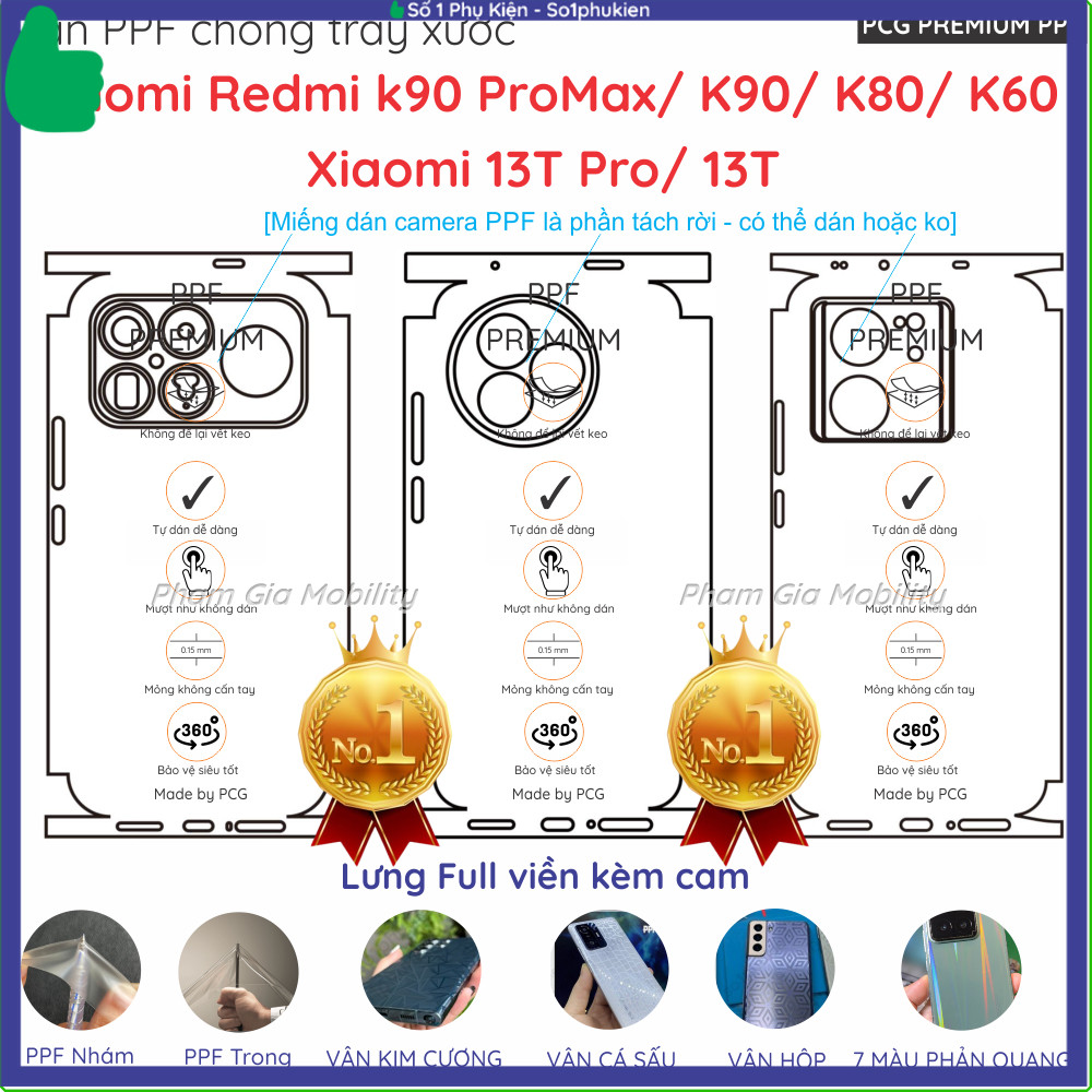 Dán PPF mặt lưng FULL VIỀN dành cho Xiaomi Redmi K90 K80 K60 Pro Max PM Ultra/ Xiaomi 13T Pro trong,