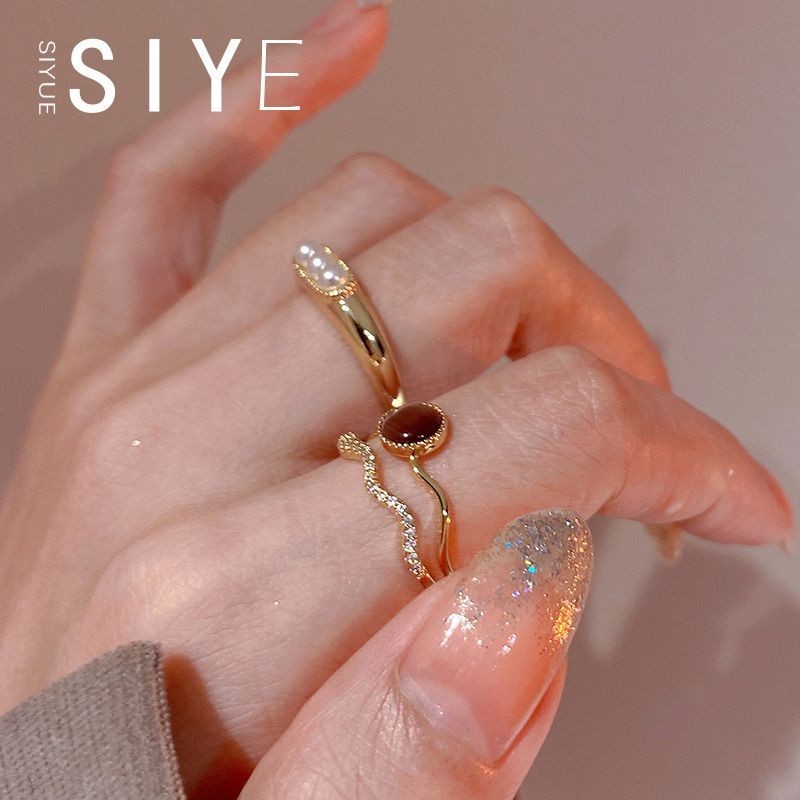 Nhẫn Opal Pháp Nữ Thời Trang Độc Đáo Zircon Hai Lớp Niche Cao Cấp Nhẫn Opal / Pháp Retro Cung Điện O