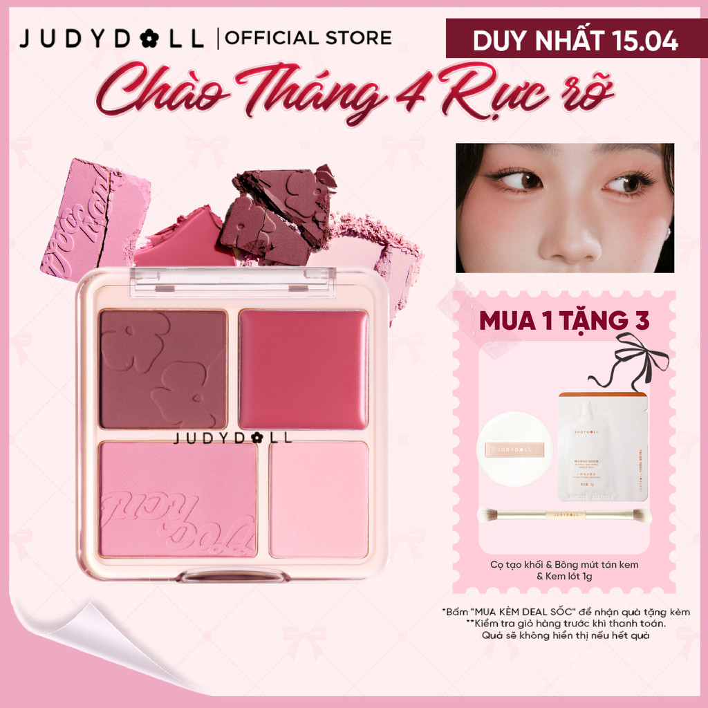 Bảng Phấn Má Hồng & Bắt Sáng 4 Ô JUDYDOLL Blush & Highlight Palette Chất phấn + Má hồng kem Mềm mịn Tiệp da Lâu Trôi 9g