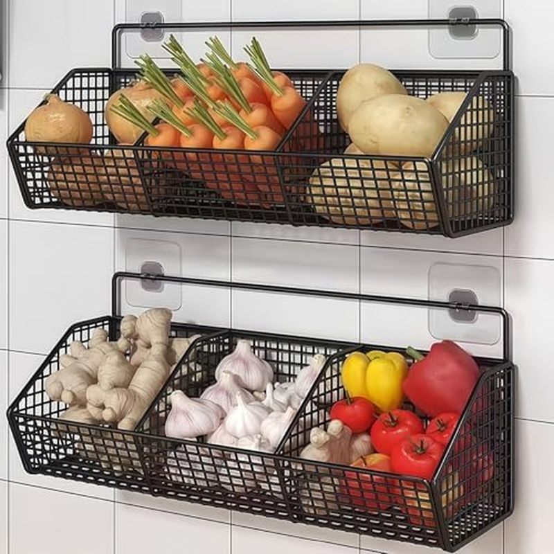 Hanging Wire Fruit Basket with Adhesive Hooks, Hanging fruit baskets for Kitchen counter, Wall baske