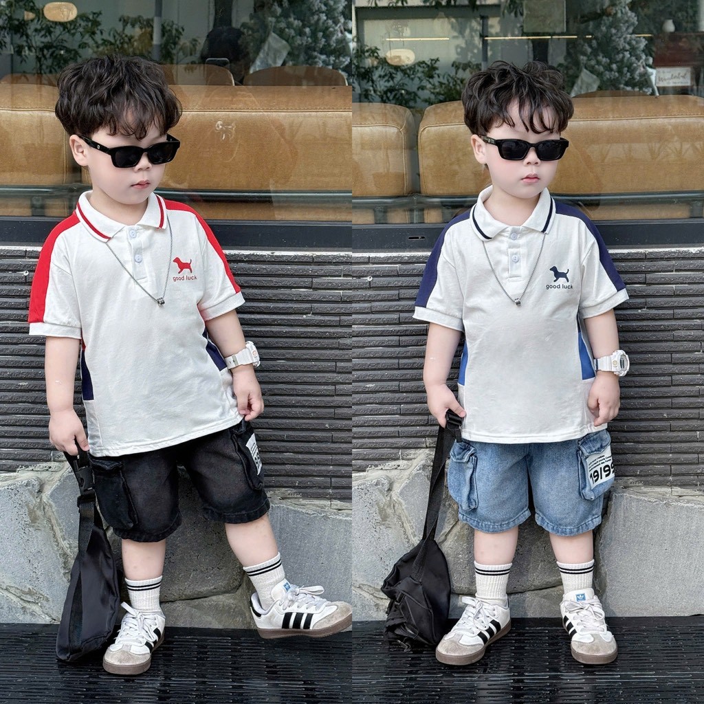 Bộ quần áo polo GOOD LUCK quần short jean cho bé 8-28kg