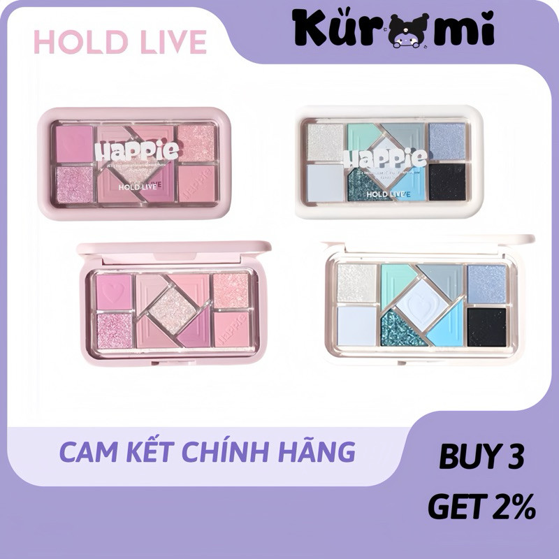 HOLD LIVE - Bảng Phấn Mắt Trang Điểm Mắt Happie 9 ô HOLD LIVE Trái Tim HL630 Bền Màu kuromi cosmetic