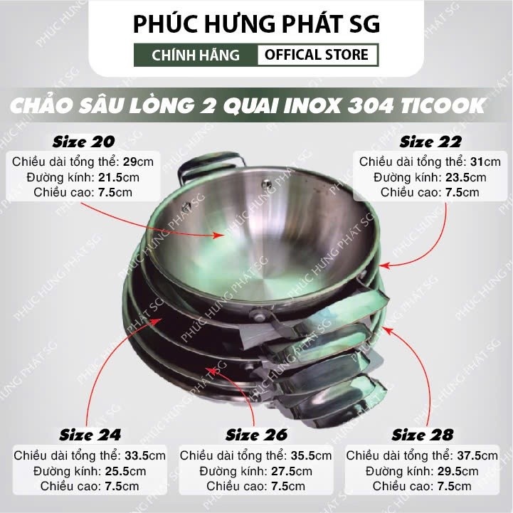 Chảo Sâu Lòng Inox 304 Ba Lớp Đáy Từ Ticook, Chảo 2 Quai Siêu Bền An Toàn Sức Khỏe, 20-22-24cm