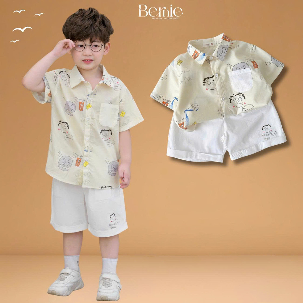 Set bộ sơ mi cho bé trai đi chơi đi biển họa tiết Papa Cat kèm quần short 11tới 28kg BERNIE H1225B28