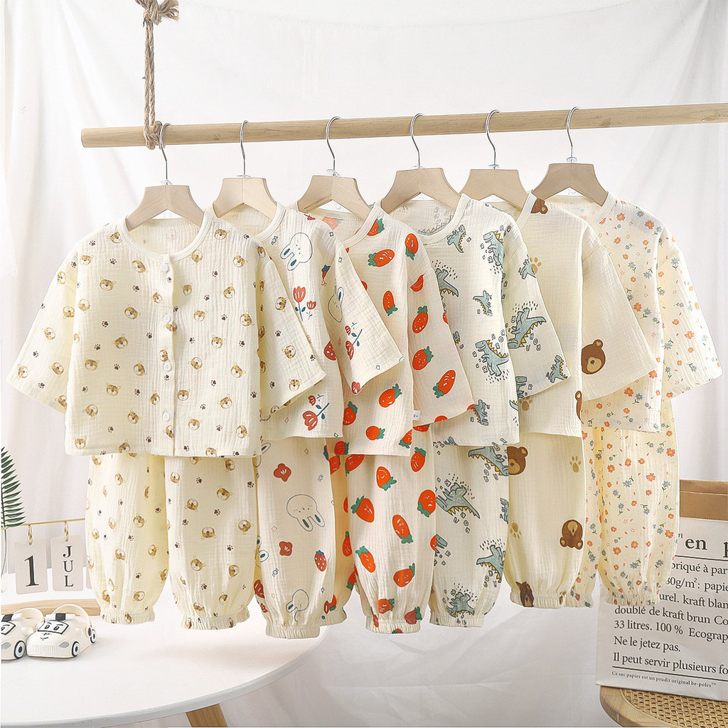 Pajamas Nhiều Màu Vải Cotton 2 Lớp Cho Bé Mùa Hè Mỏng Máy Lạnh Bộ 1-6 Tuổi Nhiều Họa Tiết
