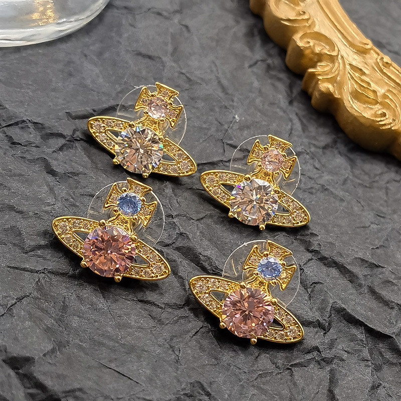 Queen Mother's Classic Saturn Color Diamond Earrings, Socialite Style Colorful Zircon White Diamond 