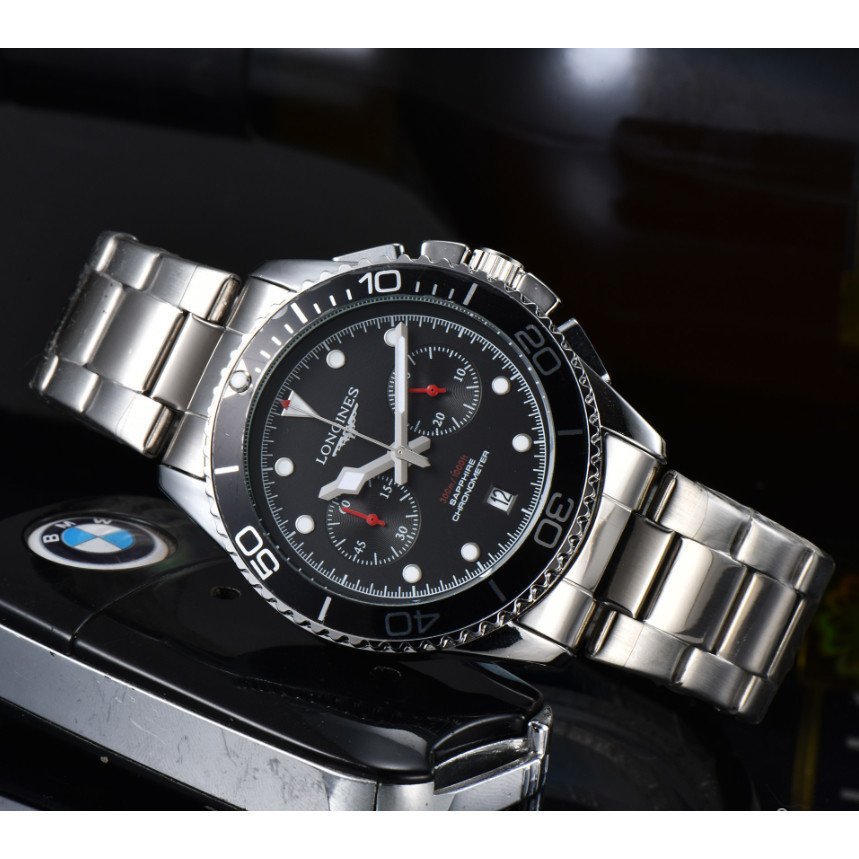 LONGINES LONGINES Đồng hồ nam phong trào thạch anh Rui Watch Mặt số màu đen Vỏ thép không gỉ Dây đeo