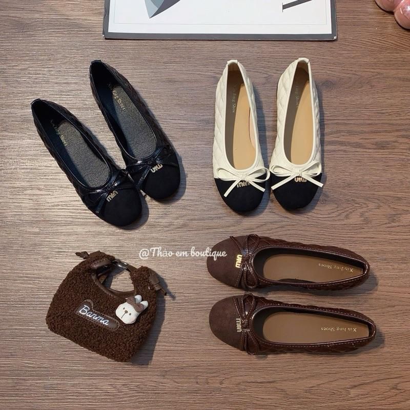 [Thảo Em - BB33] Giày bệt búp bê nữ đế mềm da trám, mũi phối da lộn đính nơ xinh [QCCC]