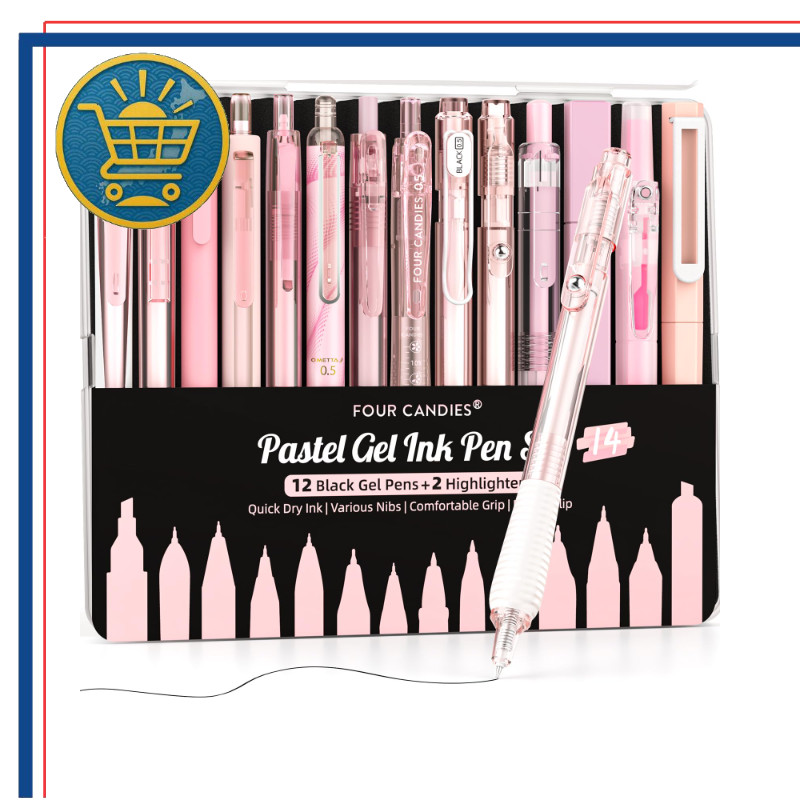 Four Candies Bộ bút bi gel dạng sổ nhỏ đáng yêu Bút gel 0.5mm 12 cây & 2 bút dạ quang Dễ viết Mực kh