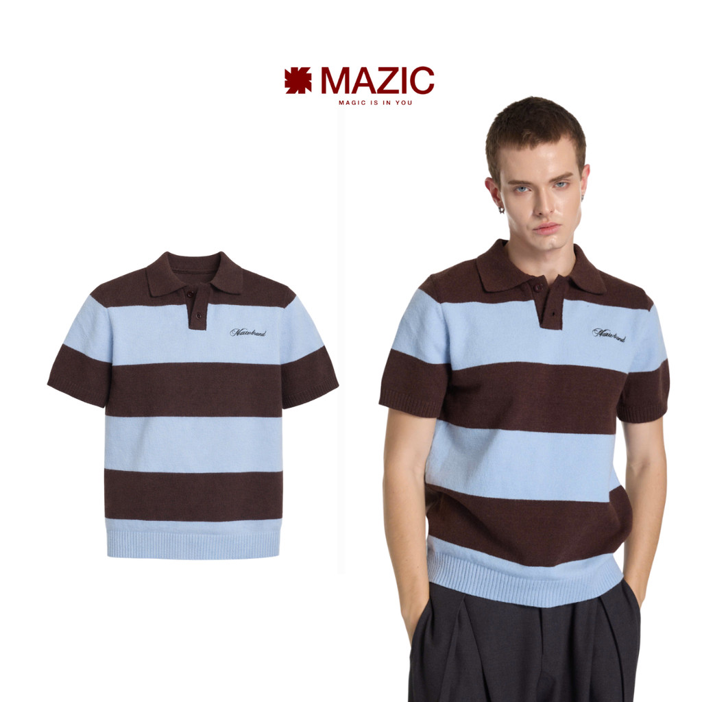PK01 - "MAZIC" FW25 KNIT POLO LEN TAY NGẮN SỌC SKY BLUE W/ BROWN ACCENTS EXCLUSIVE