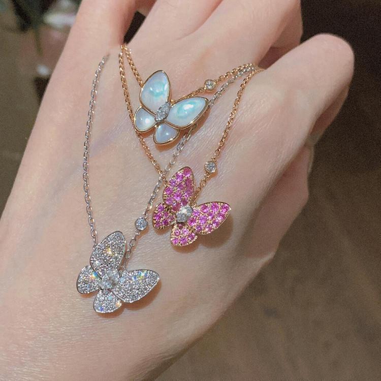 White mother-of-pearl butterfly necklace for women, thickly plated18k Rose gold full diamond necklac
