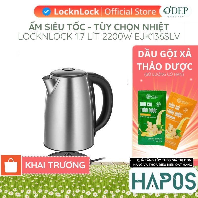 Ấm đun siêu tốc LocknLock 1.7L 2200W tùy chọn nhiệt độ sôi, giữ ấm pha sữa EJK136SLV - Chính Hãng - 
