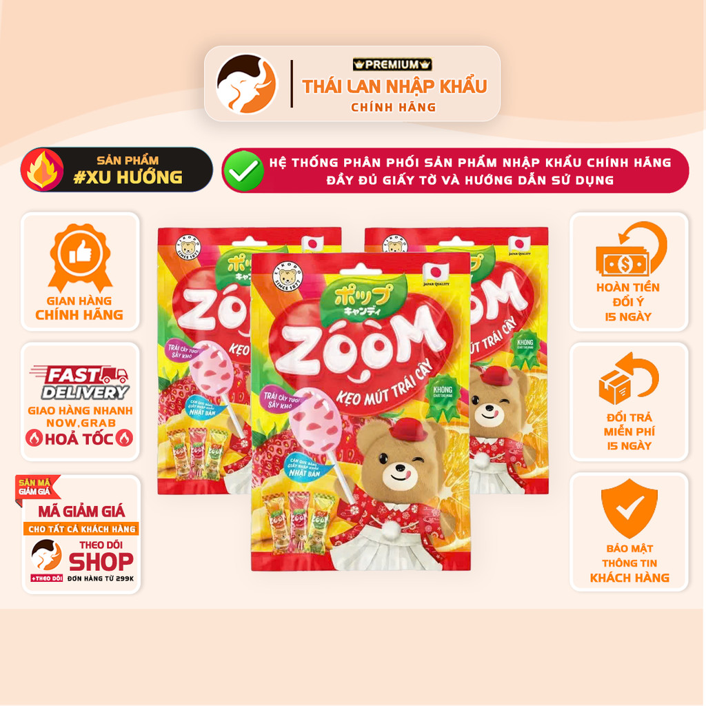 [2 GÓI] Kẹo Mút Trái Cây Zoom Eikodo 72g – Vị Cam, Xoài, Dâu, Que Giấy An Toàn