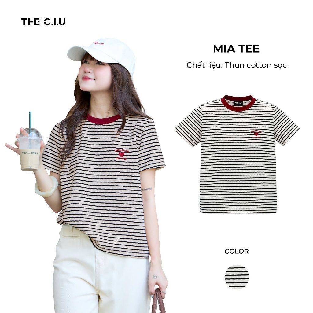 Áo thun sọc ngang tay ngắn nữ thêu chữ THE C.I.U, áo phông cotton freesize basic trẻ trung dễ phối đồ - Mia Tee