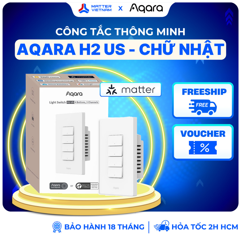 Aqara H2 US - Công Tắc Thông Minh Chữ Nhật, Màu Trắng, Hỗ Trợ Zigbee Matter & Thread, MARS-Tech - BẢ