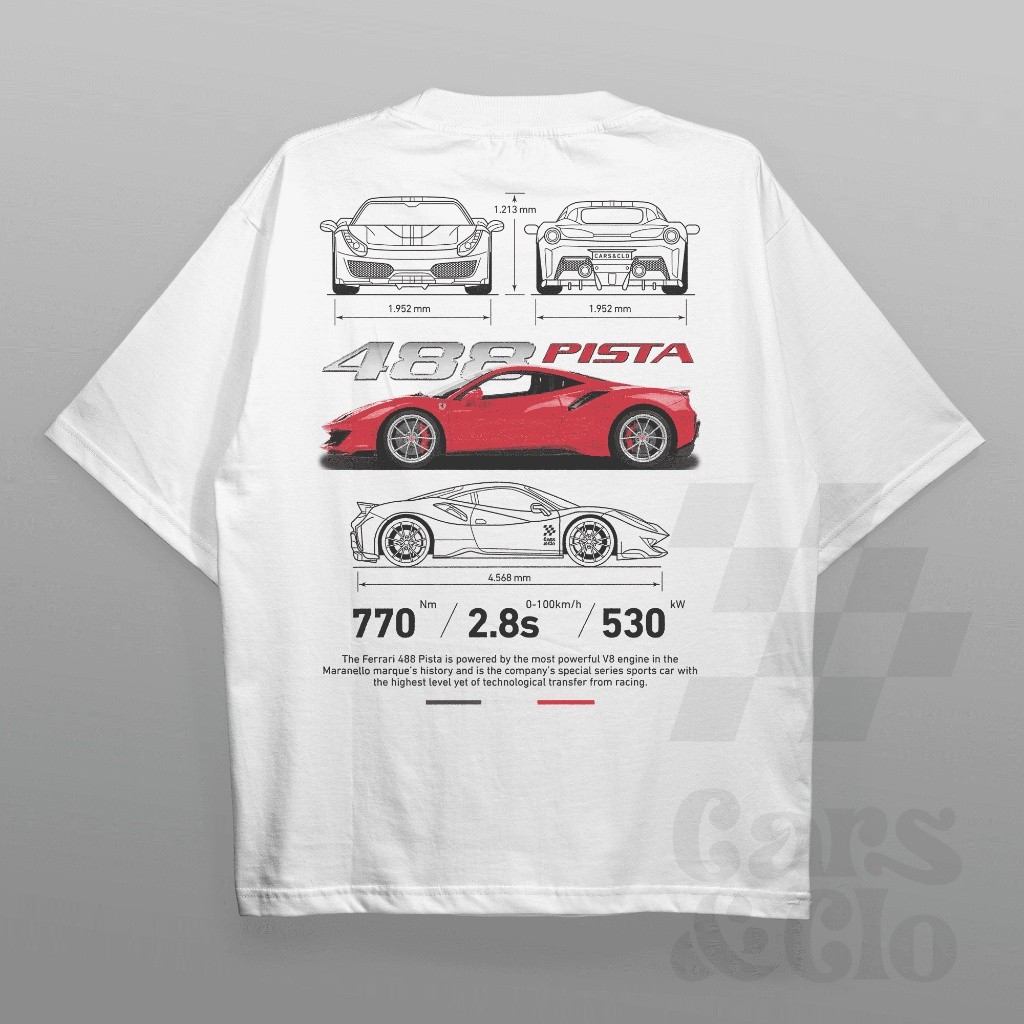 Ô tô và áo choàng - Regular Fit White - Áo thun Ferrari 488 Pista Blueprint