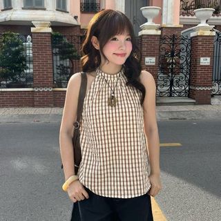  Áo kiểu nữ cổ yếm kẻ sọc THE C.I.U áo kiểu sát nách không tay chất kate phối sọc  - Yuta Top 