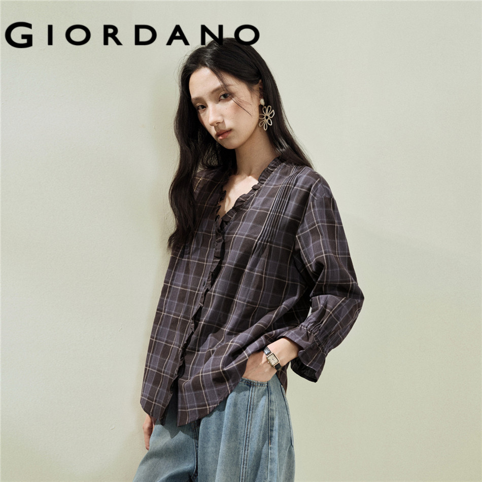 GIORDANO WOMEN Vintage checkered lace V-neck seven-quarter sleeve woven shirt - High Quality 1834620