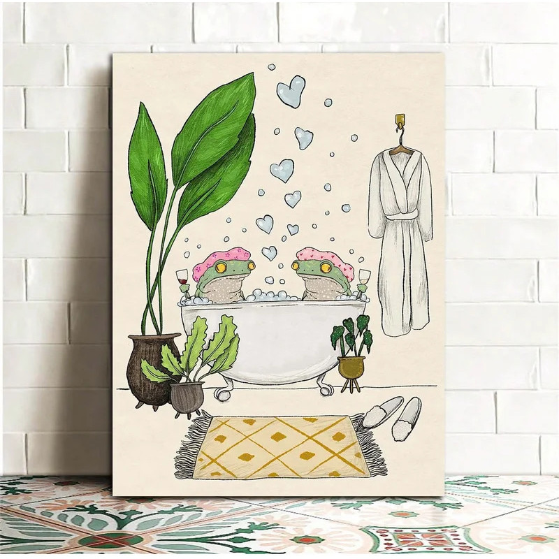Q1EY Ếch Đi Tắm Cùng Nhau Động Vật Poster Trang Trí Tường Canvas Nghệ Thuật Hiện Đại Phong Cách Tối 