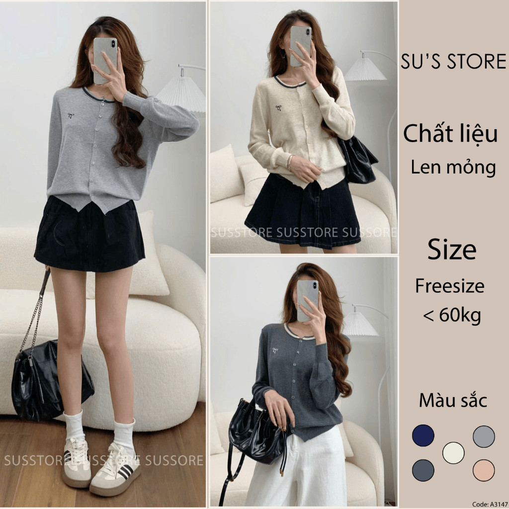 Áo Cardigan Len Mỏng Cổ Viền Thêu Nơ A3147 Su Chang Thời Trang Nữ