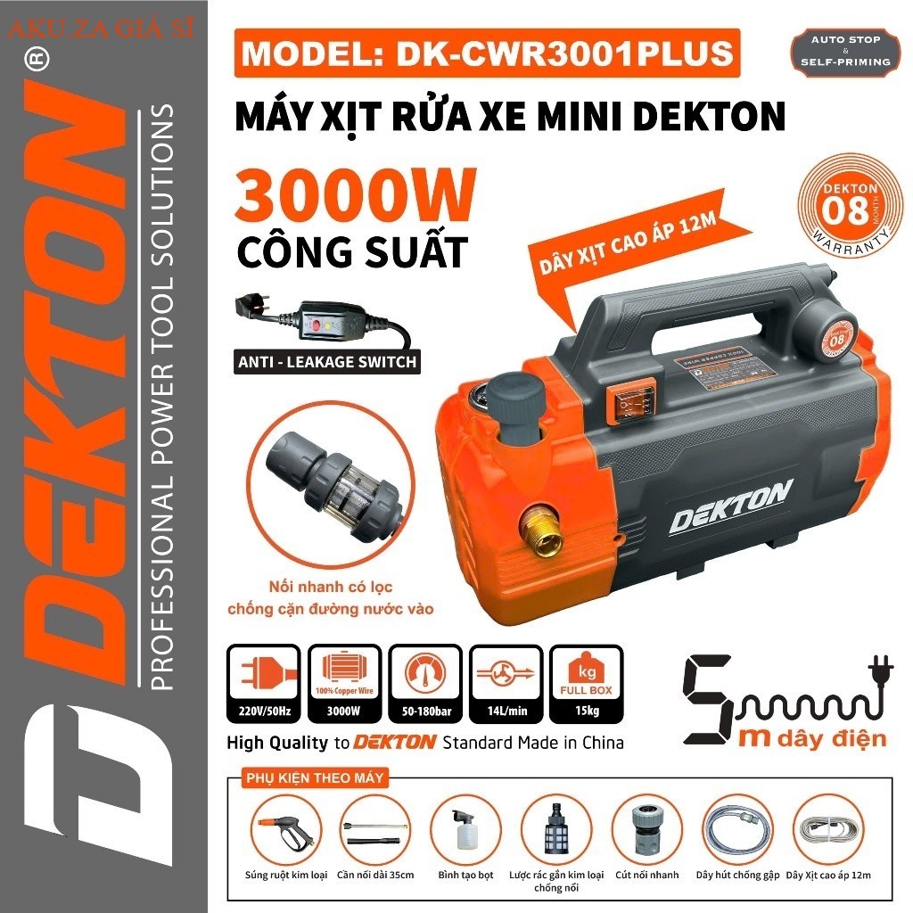 Máy rửa xe chỉnh áp DEKTON DK-CWR3001Plus, 3000W 180Bar Có chống giật Lưu lượng 14 lít akuza giá si