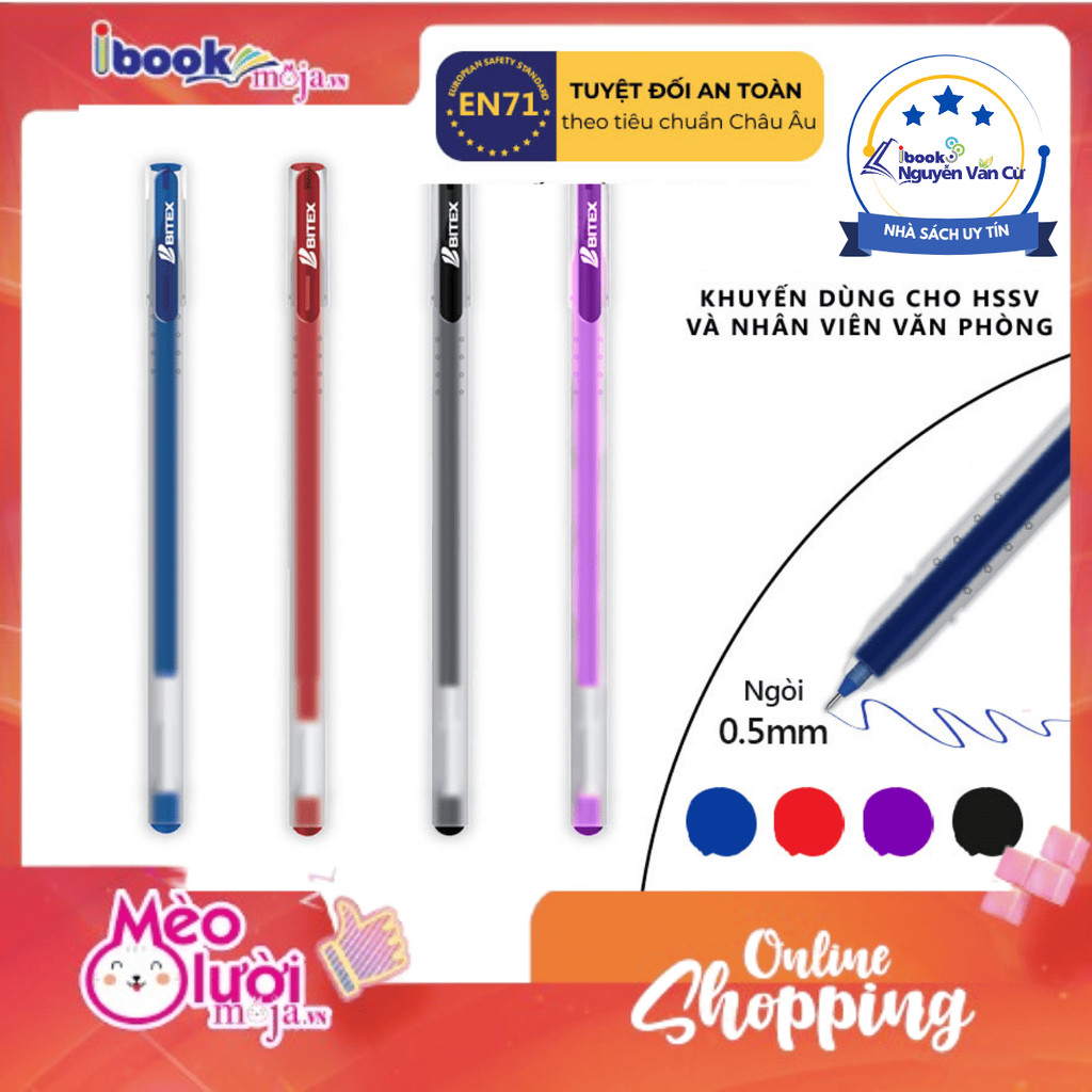 Bút Gel Bitex G04 Xanh/Tím/Đen/Đỏ – Ngòi 0.5mm Nét Thanh, Phù Hợp Rèn Chữ Đẹp