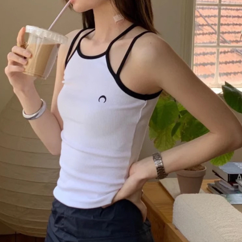 marine serre Park Chae-young Same Style Off-shoulder Beautiful Back Sleeveless Camisole Embroidery