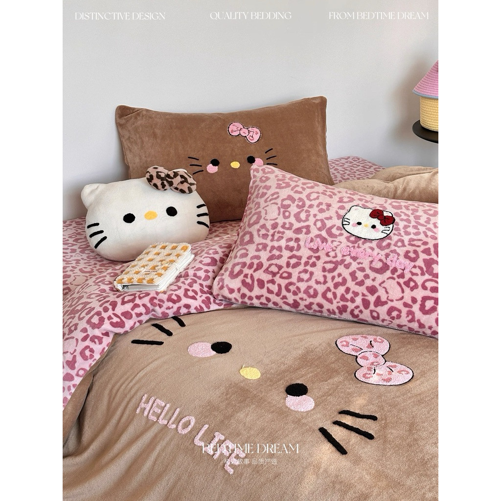 Set Chăn Ga Gối Nỉ Nhung Sữa Thêu Hello Kitty BST (Tặng Kèm Gối Kitty Trang Trí)
