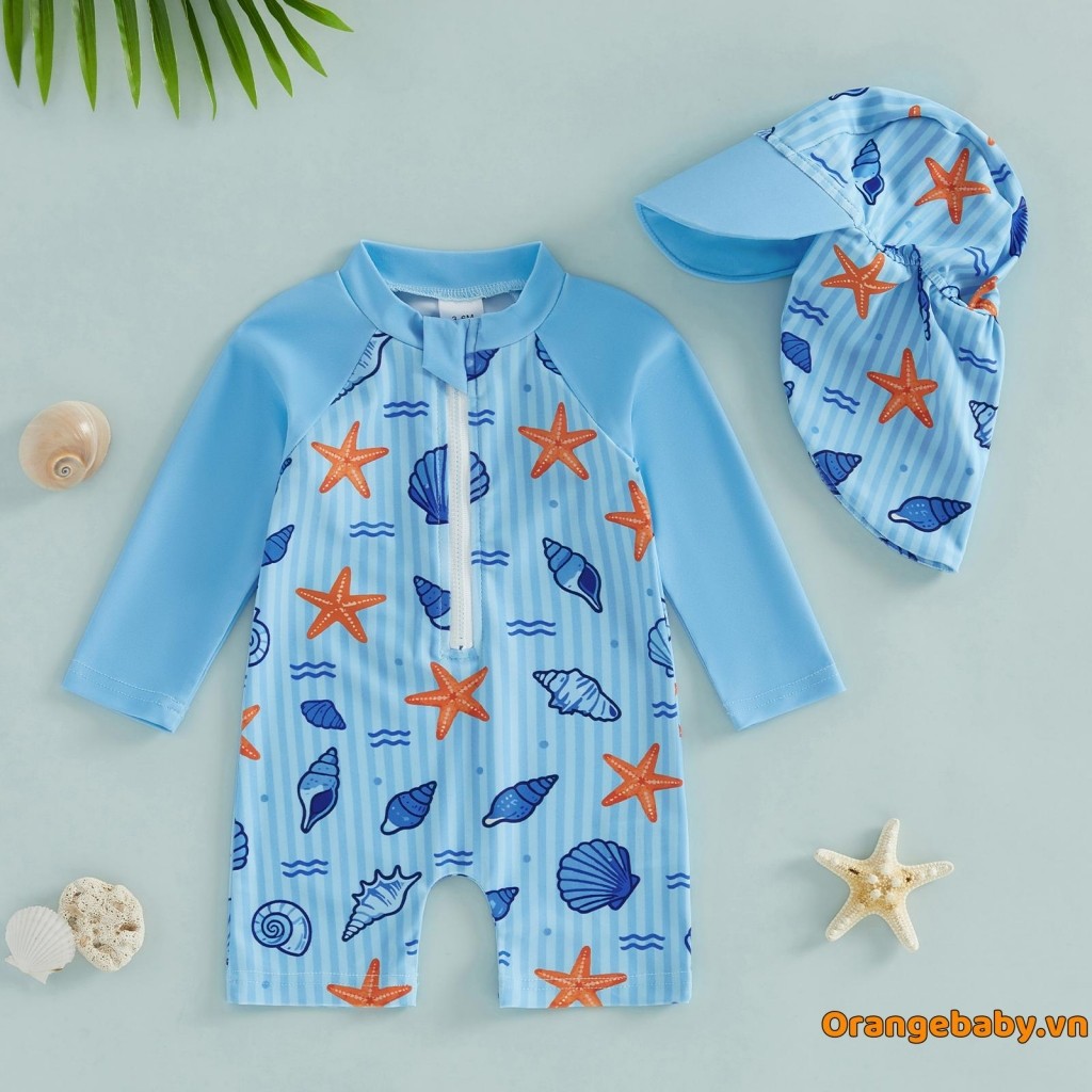 [K8lm] Bộ đồ bơi Baby Boys Rash Guard dài tay in hình tôm hùm có dây kéo trên Bộ đồ bơi và mũ chống 