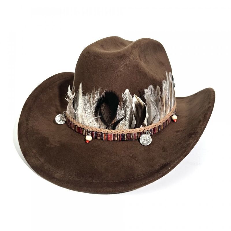 Da lộn Western Big Vành Cowboy Hat Nam Nữ Feather Top Hat K