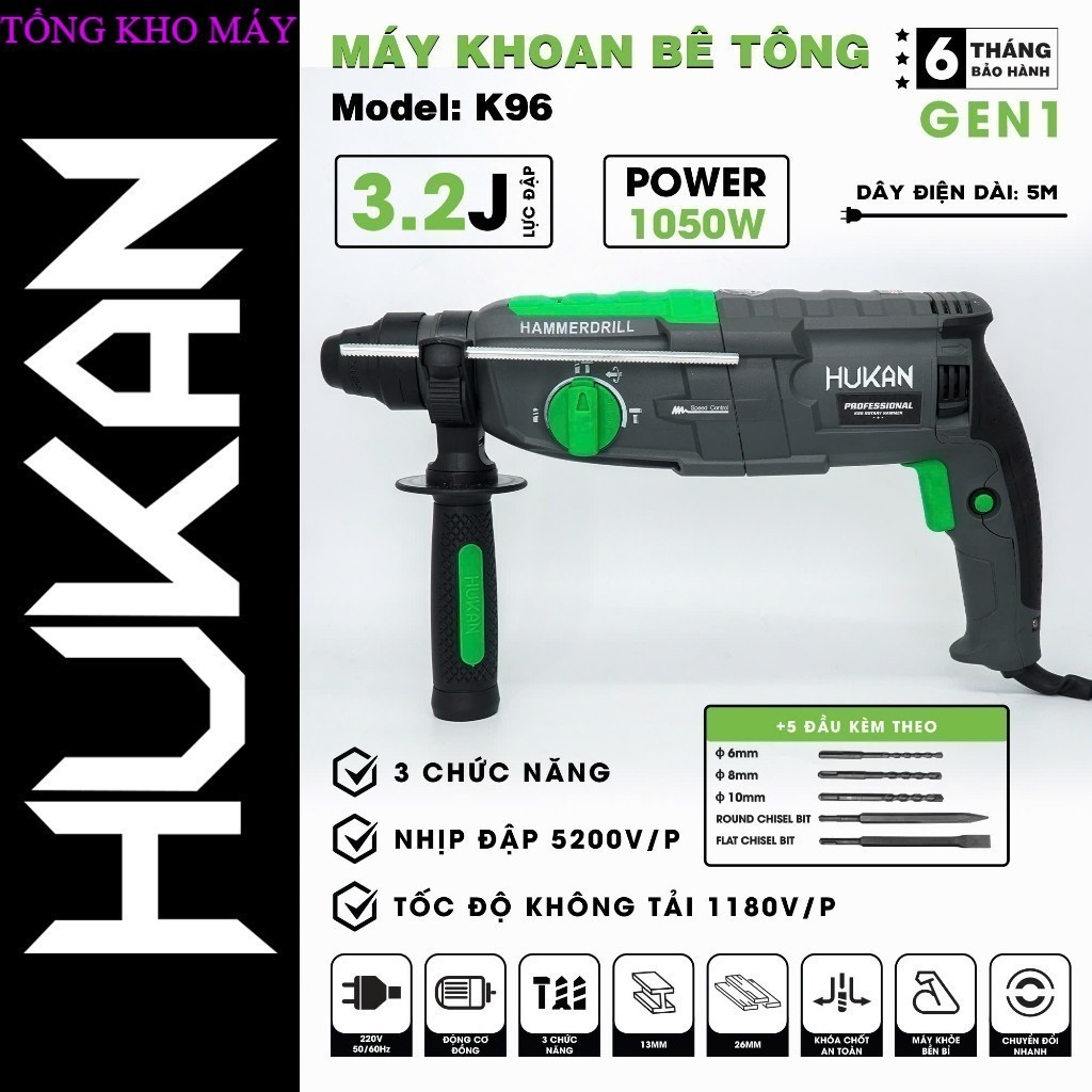 Máy khoan đục bê tông HUKAN K96, 3 Chức năng, Công suất 1050W, Tặng Bộ 5 Mũi khoan Kho Máy xx