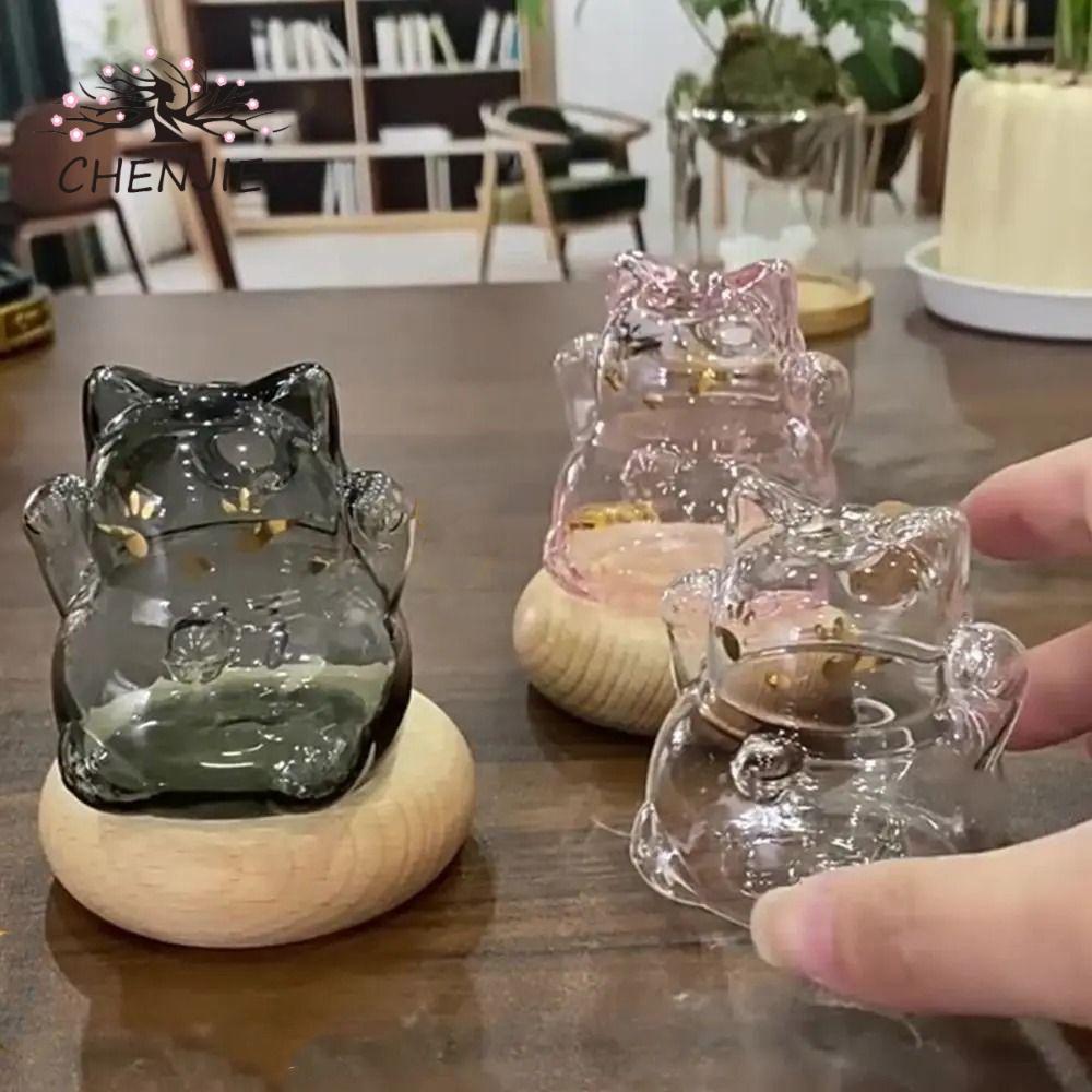CHENJIE Glass Coin Bank, Bình tiết kiệm hình mèo may mắn dễ thương, Chai chúc có đế gỗ Trang trí tro